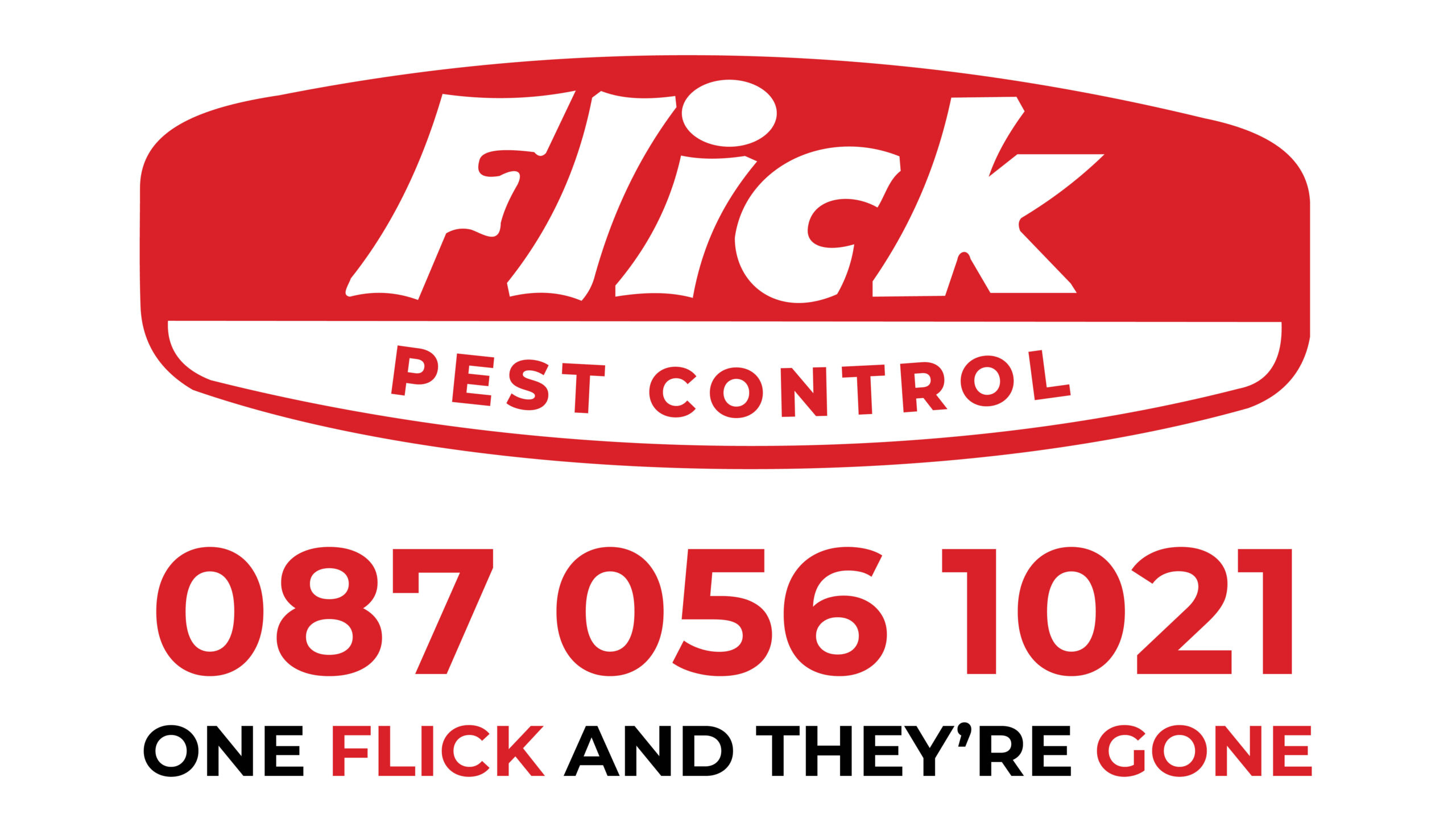Red oval logo with white lettering reading 'Fick' and 'Pest Control', plus a large red phone number beneath: 087 056 1021 (brand for pest control).